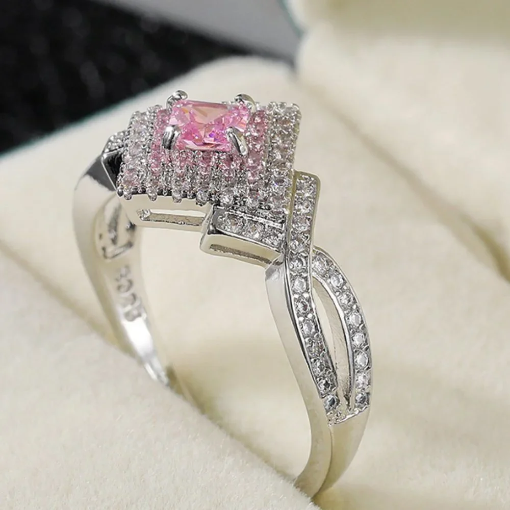 😍Beautiful Silver Pure Pink Double Layer Weave Princess Cut CZ Ring, K832_2